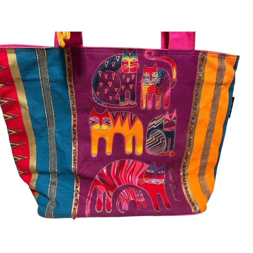 Laurel Burch Cat Geometric Large Shoulder Tote Bag Beaded Inner Pockets EUC - Picture 2 of 13